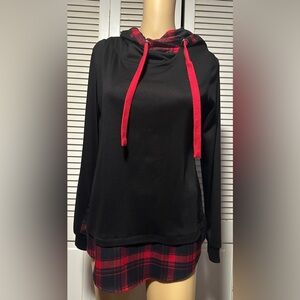 DJT Women's M Hoodie Pullover Top Plaid Black Red Contrast